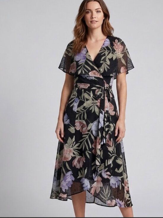 Gabby Skye Dresses & Skirts - Gabby Skye Black Floral Faux-Wrap Midi Dress